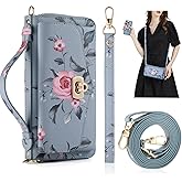 REEGINCH Crossbody Wallet Case for iPhone 16 Pro Max, Magnetic Detachable Floral PU Leather Phone Case with RFID Blocking Card Holder Wristlet Mirror Flip Zipper Shoulder Purse for Wome - Blue