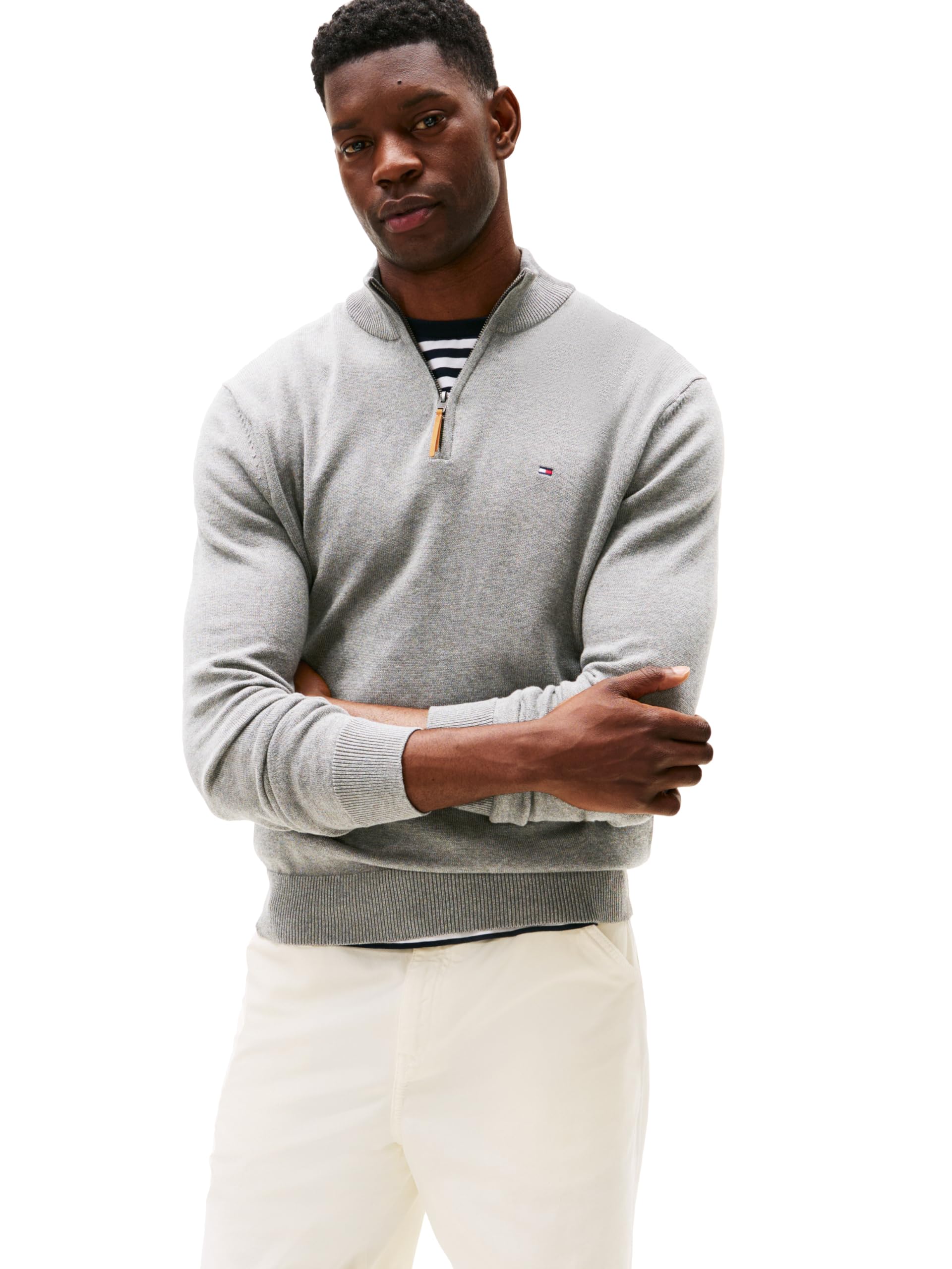 Tommy Hilfiger Mens Long Sleeve Cotton Quarter Zip Pullover Sweater,Grey Heather X-Small Image