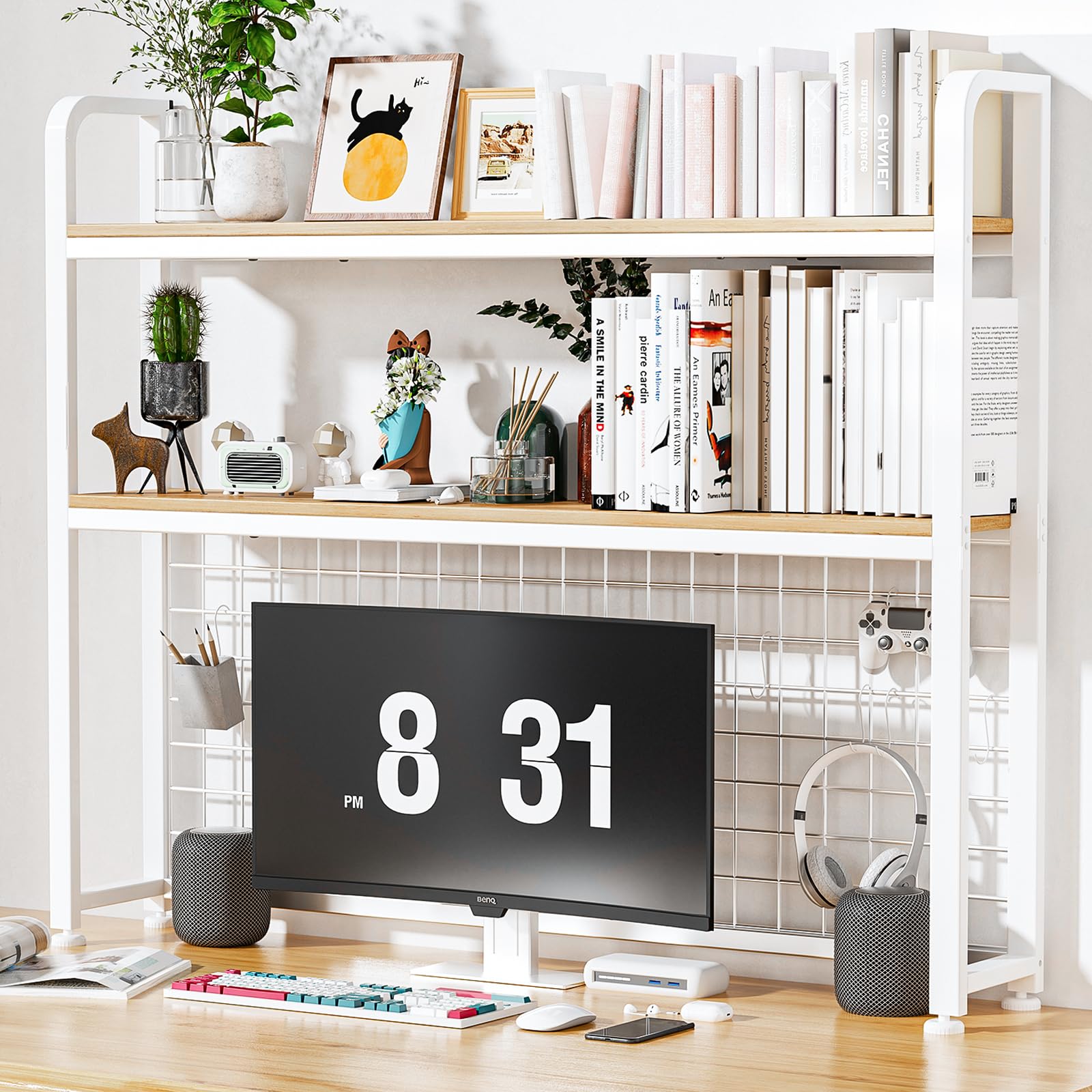 Photo 1 of HUATOL Desktop Bookshelf for Computer Desk, 2-Tier Multipurpose Wood Countertop Bookshelf, Multipurpose Freestanding Storage Rack Display Shelf for Office, Home Decor, White