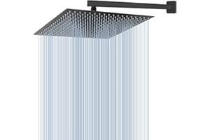 Voolan All Metal Shower Head with Extension Arm, Stainless Steel Waterfall Rainfall Showerheads, High Flow Bathroom Square Rain Shower Head (16’’ Shower Head with 20’’ Shower Arm, Black)