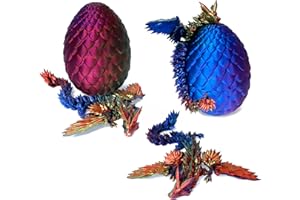 Flavery 3D Printed Flying Dragon in Egg - Tricolor Egg with 9" Flexible Winged Dragon Inside, Colorful Fidget Toy, Birthday Gift, Desk Pet Figure (Red Gold Blue)