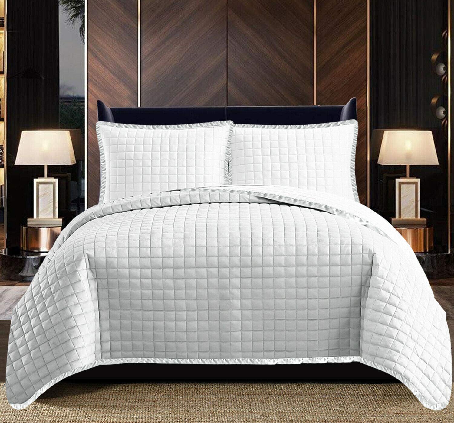 B&B Single Bedspread Bed Throws - Box Pattern Silk Border Quilted Bedspreads Bed Covers 3 Piece With Matching Bed Pillow Case Bedding Set For Bedroom Decor (Osca White)
