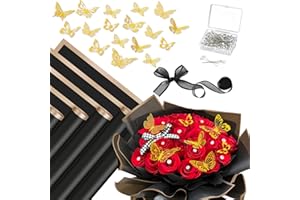 Mauproy 20 Sheets Flower Bouquet Wrapping Paper Set, Floral Wrapping Paper Florist Supplies with 48 Pcs 3D Gold Butterflies, 100 Pcs Diamond Pins and Ribbons for DIY Bouquets (Black)