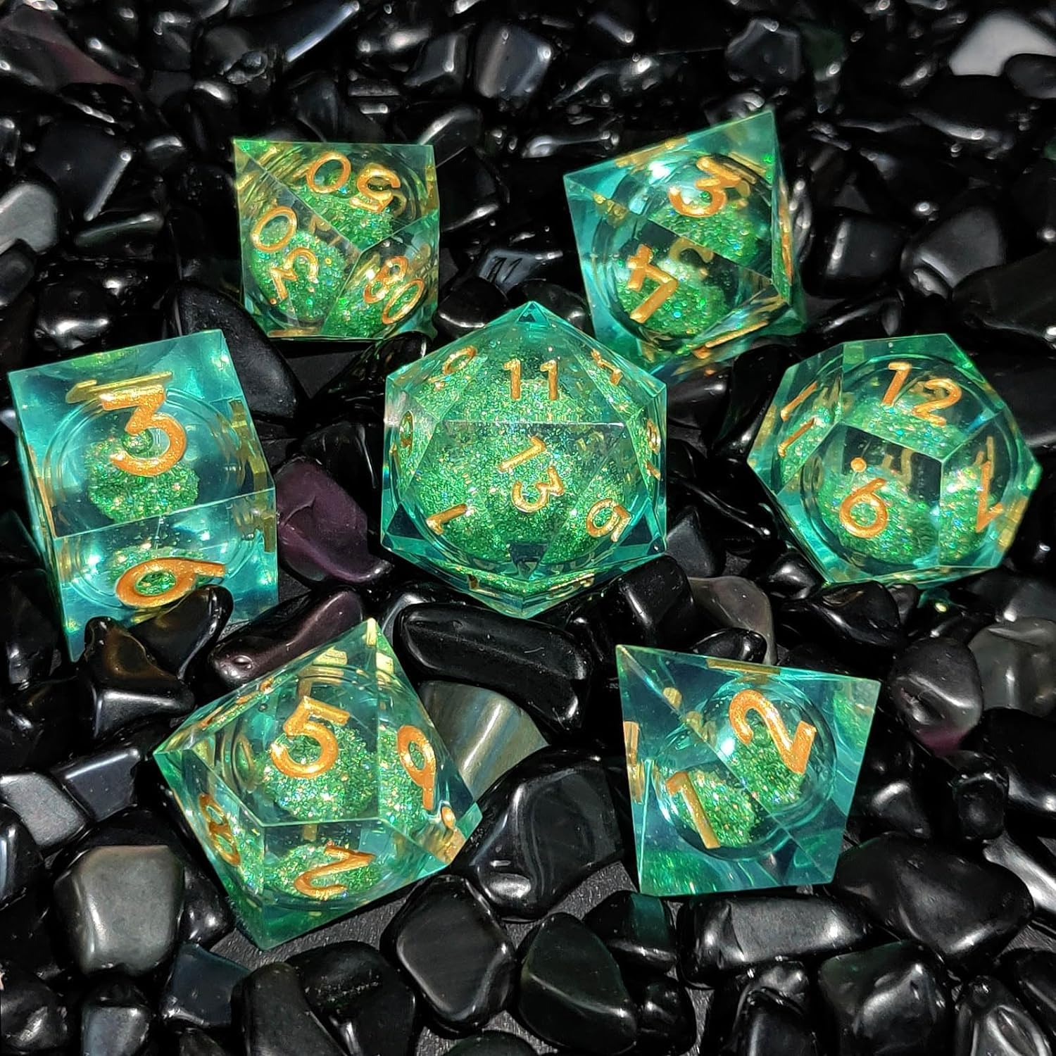 ORUZA 7 PCS Liquid Core DND Dice Resin Sharp Edge Dice Polyhedral D&D Dice Set for Dungeons and Dragons RPG MTG Table Games (Liquid Quicksand Green) — image 1