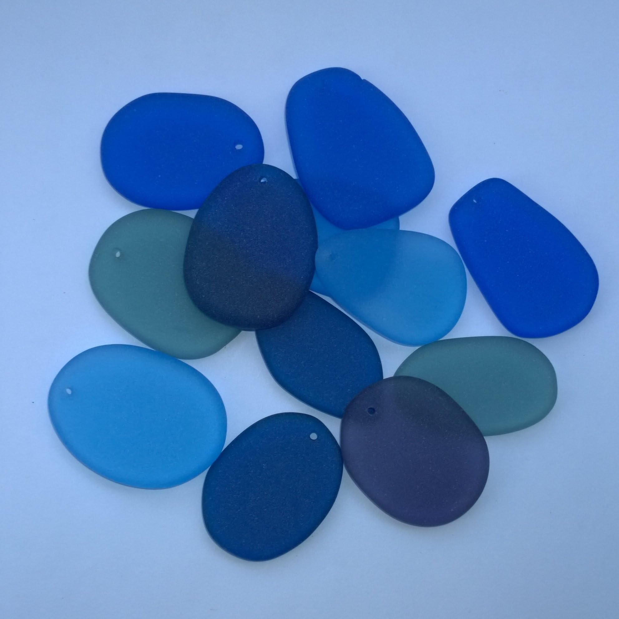 12 Pcs 1" Freeform Flat Beach Sea Glass Beads Matte Blues DRILLED for Jewelry Charm Pendant Crafted Decor,Plus Free Gift Package JCT ECO