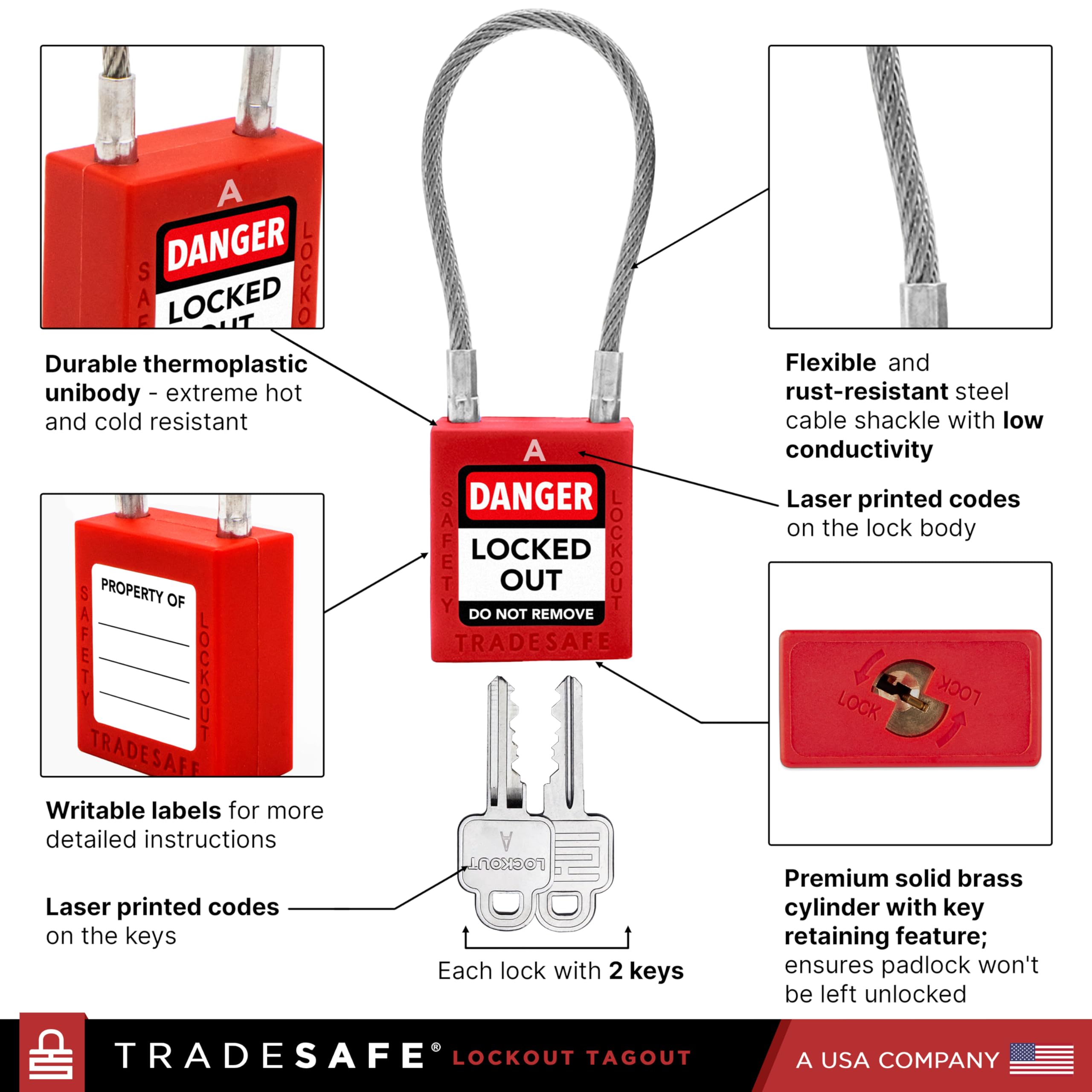 Tradesafe Lock Mua TRADESAFE Lockout Tagout Steel Cable Locks with Keys - 10 Red Keyed ...