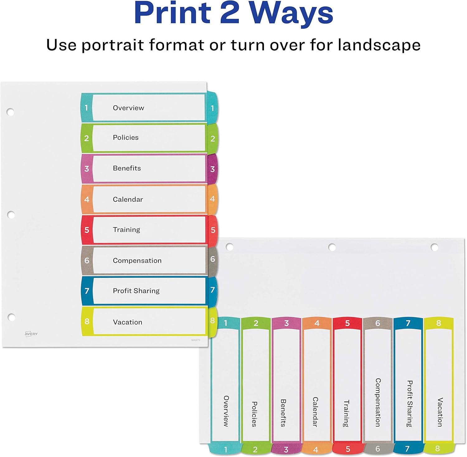 Avery 8-Tab Dividers for a 3 Ring Binders, Customizable Table of Contents, Multicolor Tabs, 1 Set (11841) : Office Products