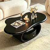Irregular Cloud Coffee Table with Storage Drawer, Modern Center Tables | 39" Black Coffee Table with Storage, MDF Top, Curved Metal Base for Living Room Office Apartment