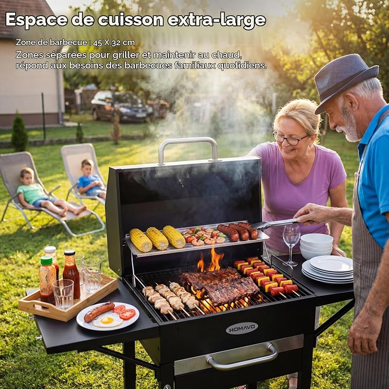 Barbecue charbon avec couvercle et housse, Grill 2 en 1 compact balcon jardin, Thermomètre intégré, Grille maintien au chaud, Protégé pour extérieur et facile à ranger