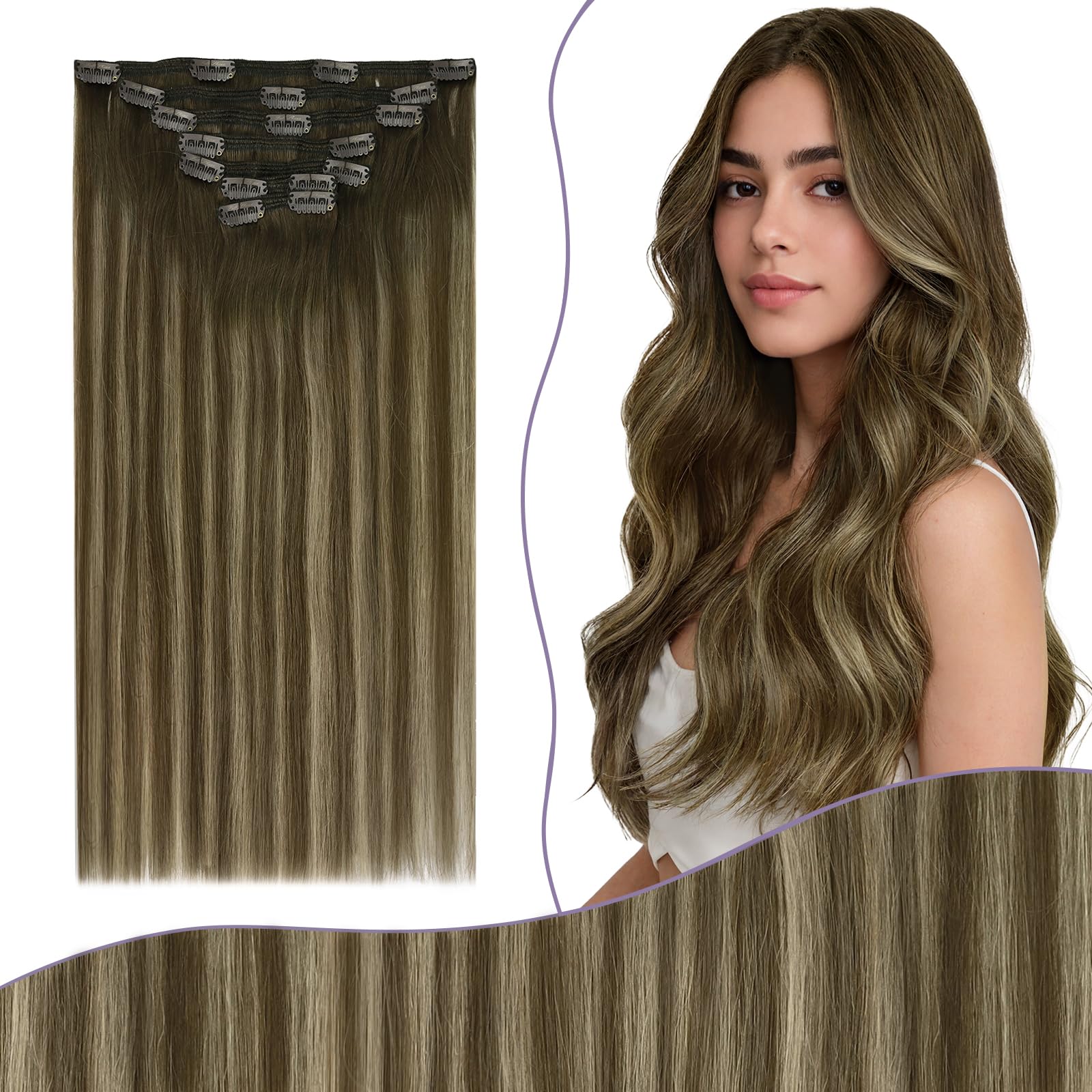 Fshine Clip in Human Hair Extensions Balayage Real Human Hair Ombre Double Weft 18 Inch 7Pcs 135g — image 1