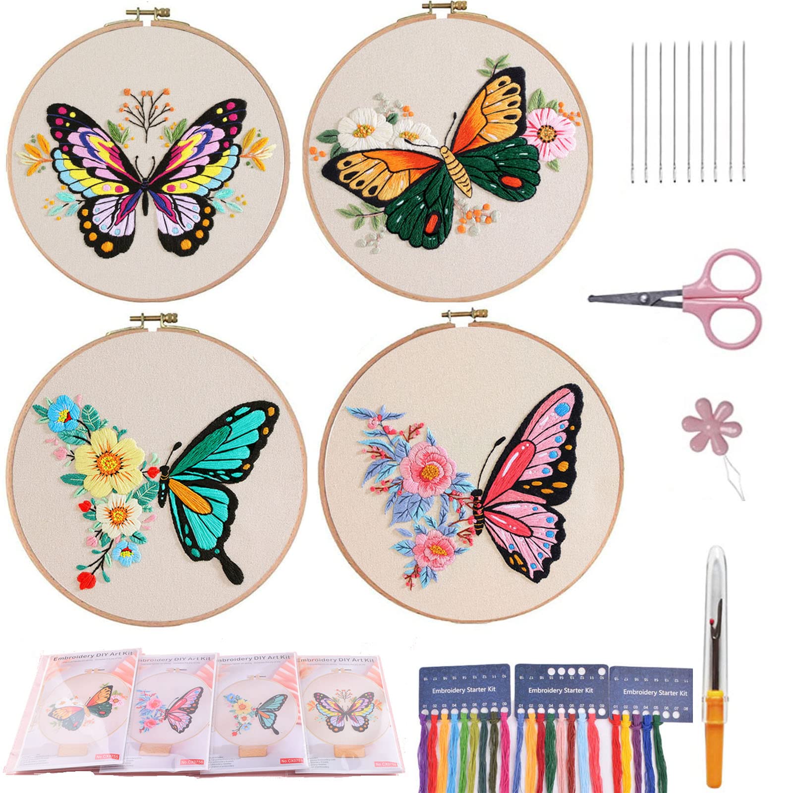Embroidery Kit for Beginners, 4 Sets Butterfly Embroidery Starter Kits with Patterns and Instructions Cross Stitch Kits,Embroidery Clothes with Pattern,Bamboo Hoops, Threads and Needles — image 1