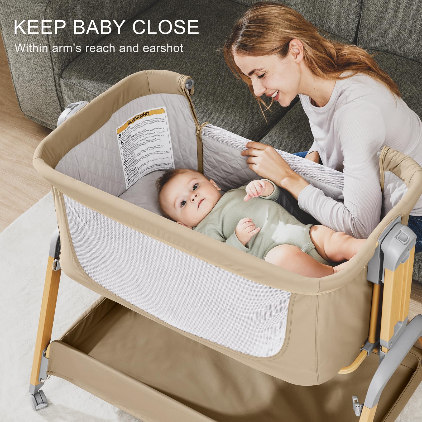 Jimglo 3 in 1 Baby Bassinet, Rocking Bassinets with Comfy Mattress and Wheels, Adjustable Height Bassinet Bedside Sleeper, Easy Folding Portable Crib for Newborn (Khaki)