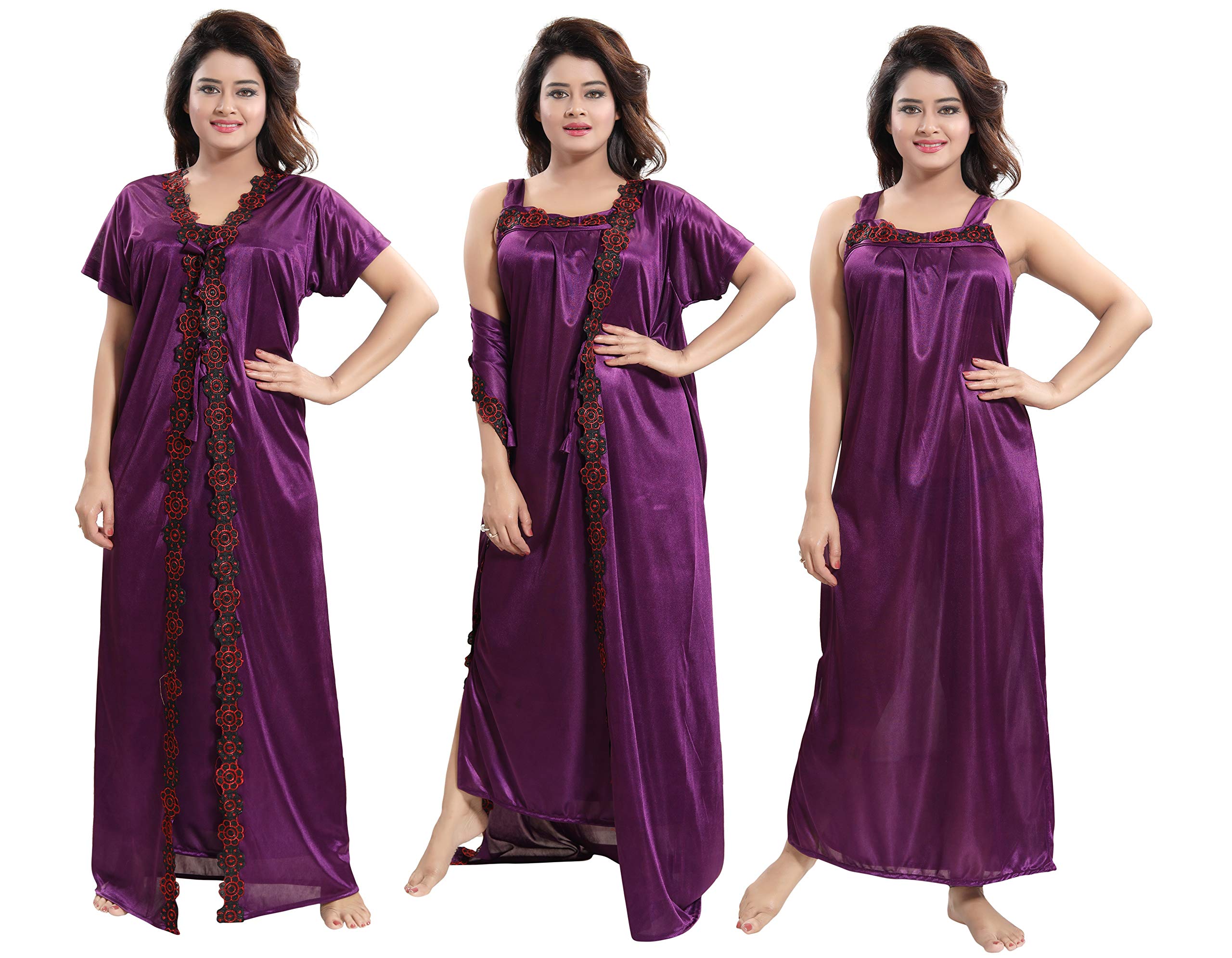 Satin Solid Maxi Night Gown(Pack 
