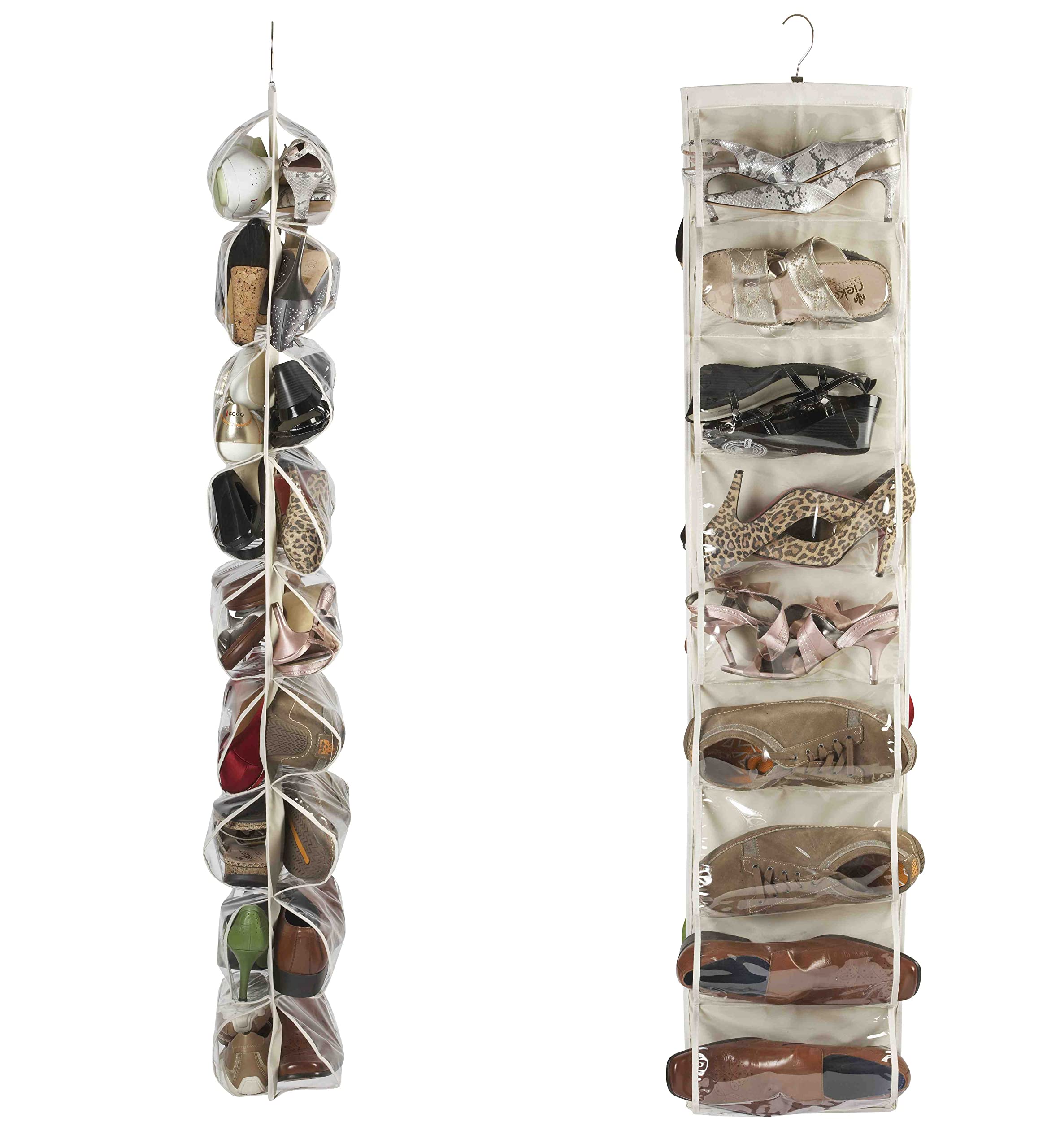 Brilliant Feet G005 - Heavy Duty 18 Pocket Hanging Shoe Organiser 18 Pairs of Shoes - for Wardrobe Rail - Robust Oxford Canvas-Type Material (600D) - Reinforced Clear PVC Pockets - 30 x 137cm - Beige