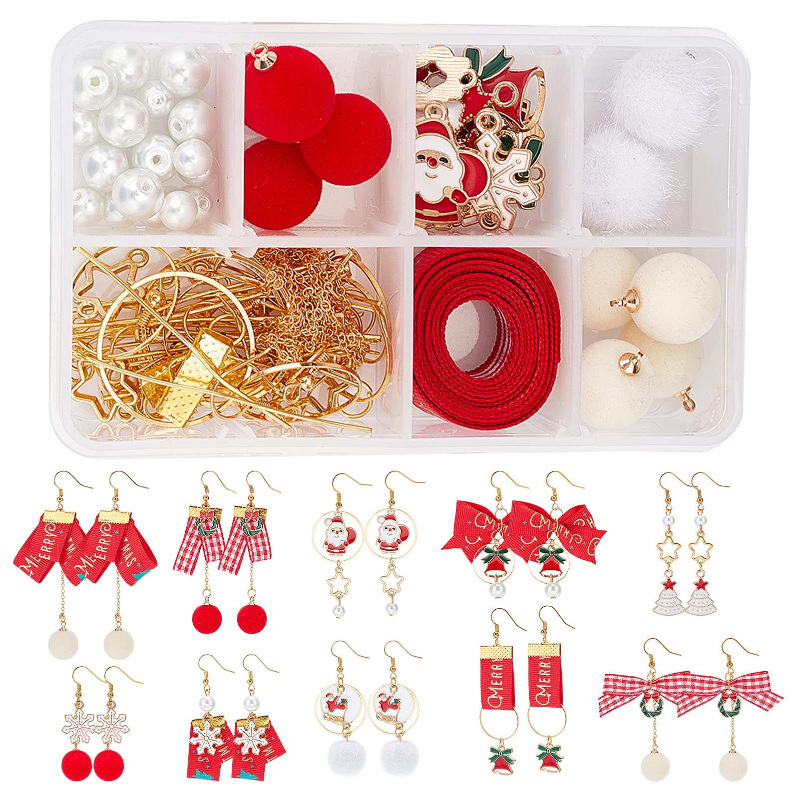 SUNNYCLUE 1 Box DIY 10 Pairs Christmas Polyester Grosgrain Ribbon Bowknot Earring Making Kits Snowflake Santa Claus Christmas Tree Enamel Pendants Charms for Xmas Earrings Making Supplies — image 1