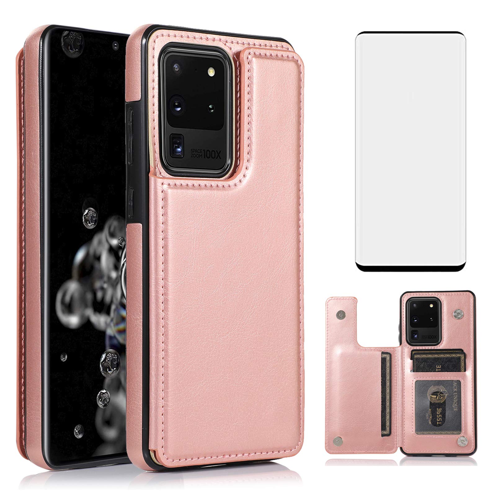 Asuwish Compatible with Samsung Galaxy S20 Ultra Glaxay S20ultra 5G Wallet Case Tempered Glass Screen Protector Card Holder Stand Leather Cell Cover Phone Cases for Gaxaly S 20 20ultra G5 Rose Gold