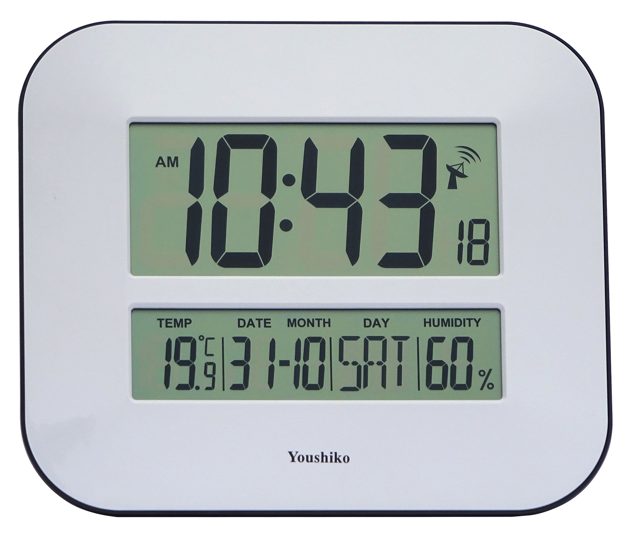 Youshiko Jumbo Large LCD Radio Controlled Wall & Desk Clock (UK & Ireland Version) Silent Battery Operated Temperature Humidity Calendar for Home Office