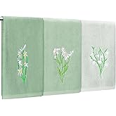Breling 3 Pcs Gradient Sage Green Hand Towels Embroidered Floral Cotton Bath Towel Sets Soft Absorbent for Bathroom Decorative Hand Drying Kitchen Dish Cleaning 28.4 x 13.8 Inch