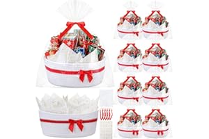 FoldTier 8 Pack Small Christmas Woven Basket with Gift Bags Ribbons and Wrapping Paper 12"x 8"x 5" Storage Basket with Handles Empty for Baby Shower Birthday Pet Toy Organizer Nursery Bins(White)