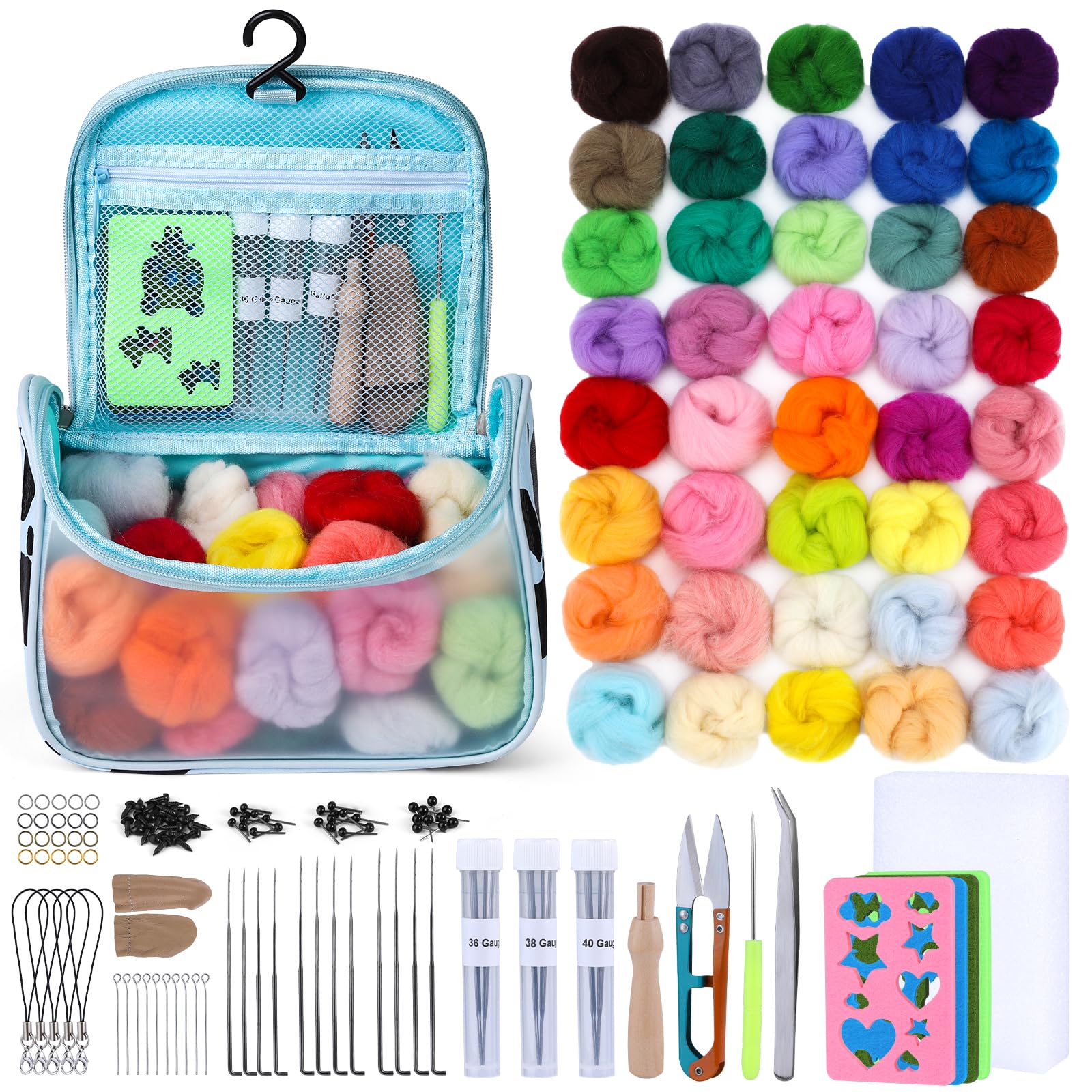 BUOKKON 148 Pcs Needle Felting Wool Starter Kit, 40 Colours Wool Felting Kit, Felting Kit for Beginners Adult, Basic Felting Tools and Accessories, DIY Felt Animal Craft