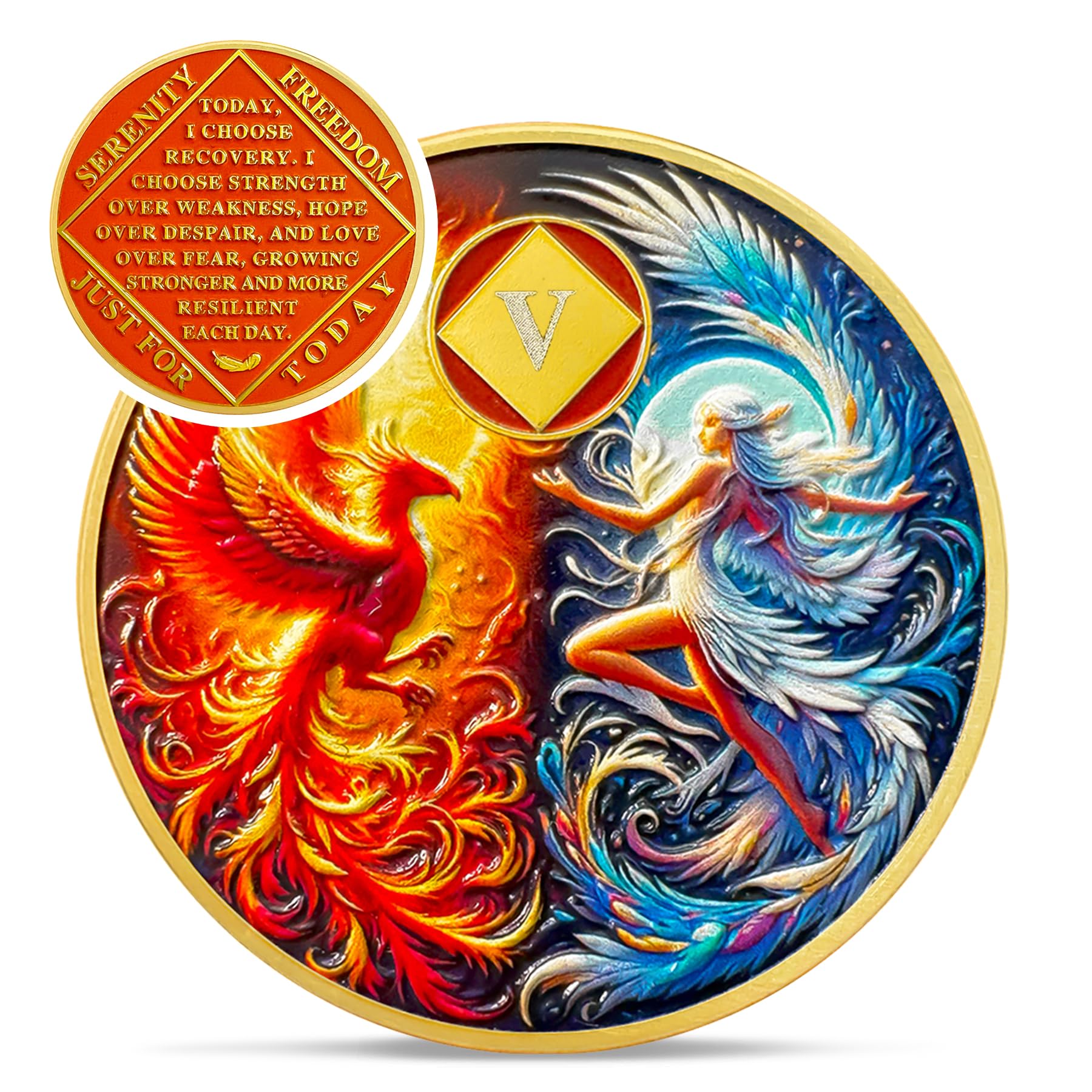 Photo 1 of Phoenix Fairy 5 Year Na Medallions - Sun and Moon Sobriety Coin - Five Year Recovery Addiction Token - Celebrate Clean and Sober Chip - 0-10 Prime Narcotics Anonymous Gifts for Men Women