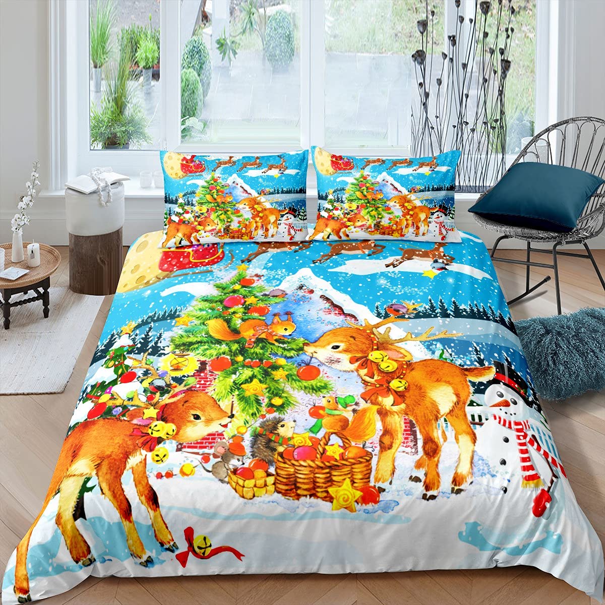 Christmas Bedding Set Xmas Deer Pine Tree Duvet Cover Set for Kids Boys Girls Merry Christmas Bedding & Linen Winter Festival Present Bedding & Linen with 2 Pillowcases 3Pcs Bedding Double