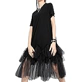 ellazhu Women's Casual Short Sleeve Crew Neck Tutu Tulle Dress with an Oversized Fit GY2266