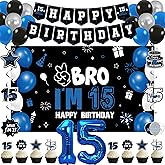 Vlipoeasn 15th Birthday Decorations Set for Boys Girls, 39PCS Black Blue 15 Year Old Birthday Backdrop Banner, Black Blue Bruh I'm 15 Party Supplies