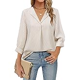 Unixseque Women's Casual Chiffon V Neck 3/4 Sleeve Business Tops Loose Work Blouses