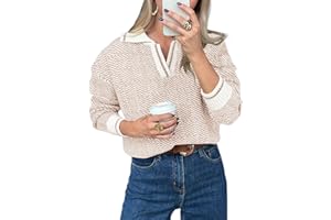 Saodimallsu Womens Fall Sweaters Tops Lapel V Neck Knit Sweater Color Block Long Sleeve Casual Soft Pullover Shirt