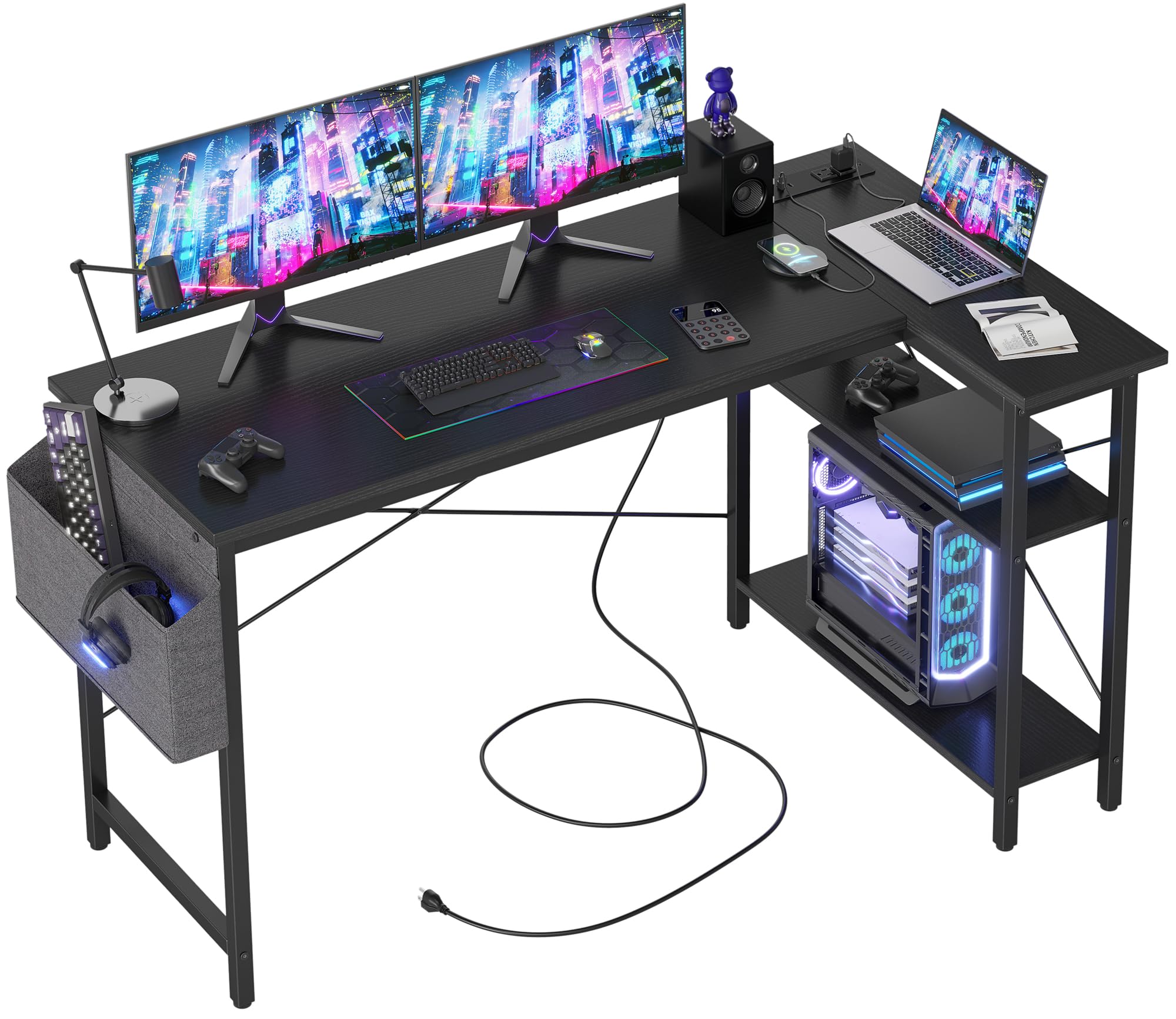 Photo 1 of TIQLAB L Shaped Computer Desk with Power Outlets, 55 Inch Small Corner Desk with Reversible Shelves, Gaming Desk Computer Table Study Writing Table for Home Office Bedroom Small Space, Black