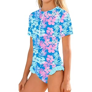 NECIOUS Girls One Piece Swimsuits Short Sleeve Bathing Suits for Girls Zippered Kids Swimwear 5-12Y