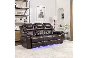 FANYE Oversized Manual Motion Recliner 3 Seaters Sofa Multifunctional Home Theater Seating 3Seaters Sofa & Couch W/USB Ports,Power Sockets,LED Light Strip,Drop-down Table and Cup Holders for Living Room