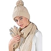 Winter Hat Gloves Scarf Set for Women, Beanie Warm Knit Pom Hat Touch Screen Glove Long Scarf 3pcs Winter Gift Set for Women
