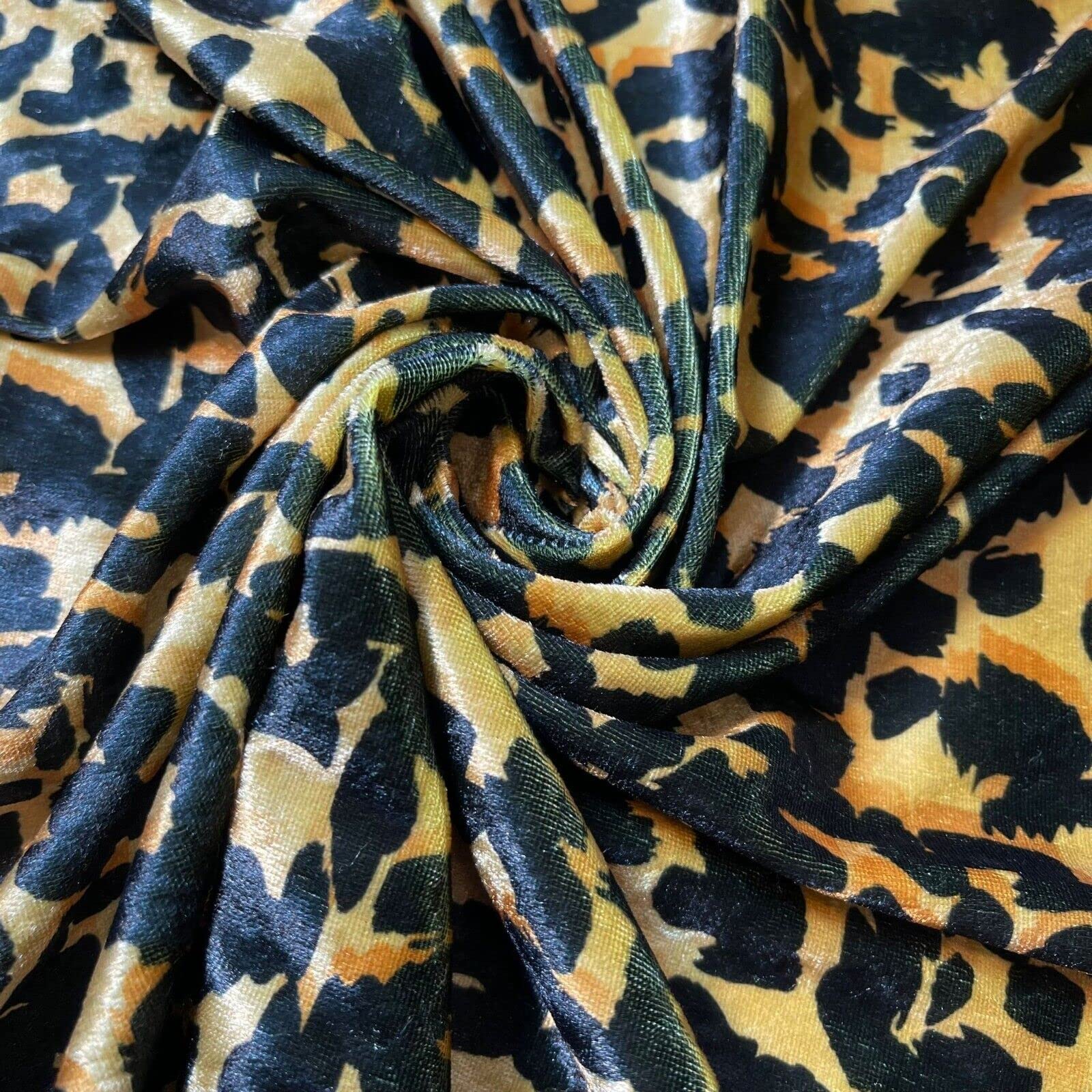 Soft Luxurious Vintage Tropical Animal Butterfly Polka Printed Crush Velvet Stretch Fabric Material 58" - 150cm Wide Suitable for Curtains & Upholstery (Gold Leopard)