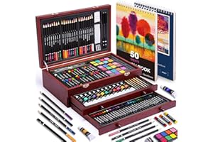 175 Piece Deluxe Art Set with 2 Drawing Pads, Acrylic Paints,Crayons,Colored Pencils,Paint Set in Wooden Case,Professional Ar
