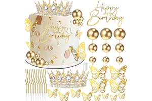 AMZVALU Crown Cake Topper, Gold Happy Birthday Cake Toppers Crown Balls Candles Butterflies, Corona Para Pastel, Cake Decorations for Women Princess Queen Wedding Party Decorations (Gold, White)