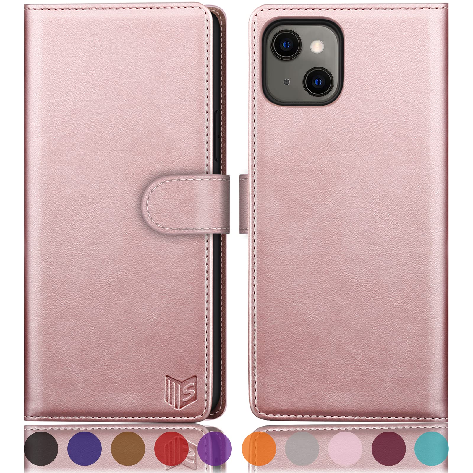 SUANPOT for iPhone 13 5G 6.1 inch case with [Credit Card Holder][RFID Blocking],PU Leather Flip Book Protective Cover Women Men for Apple 13 Phone case Rose Gold
