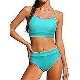 ZAANTI Girls Swimsuit Two Piece Solid High Waisted Bikini Contrast Trim Girls Bathing Suit for Teens with Chest Pad 9-16Y