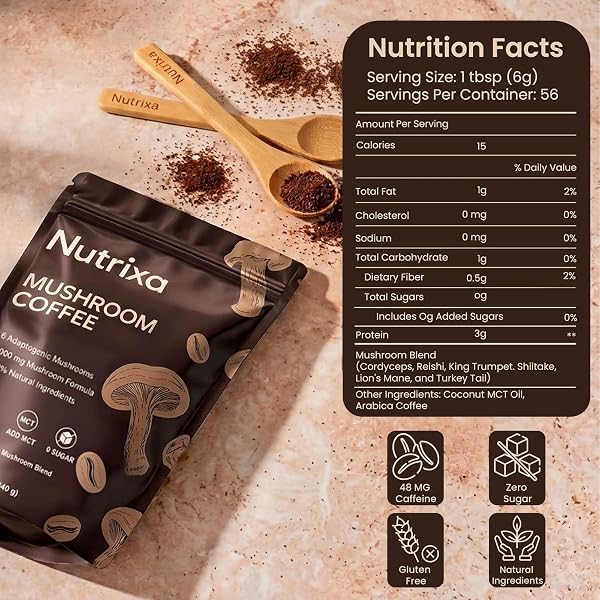 NUTRIXA MUSHROOM COFFEE ORGANIC MEDIUM ROAST 340G (56 SERVINGS) NEW TASTE – 6 ADAPTOGENIC MUSHROOMS FOR ENERGY, FOCUS & GUT HEALTH – INSTANT SUPERFOOD BLEND WITH LIONS MANE, REISHI, CORDYCEPS, TURKEY TAIL, COCONUT & MCT OIL