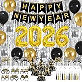 New Years Eve Party Supplies 2026 New Years Decorations Happy New Year Banner 2026 Balloons Hats Glasses Tiaras Squawkers Fringe Curtains for Party Decor Photo Props