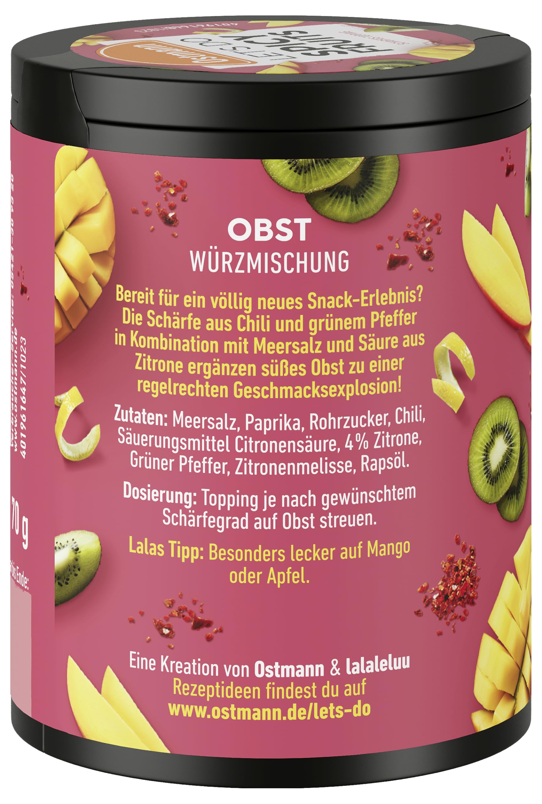 Ostmann Gewürze - Let's Do Spicy Fruits | Würzmischung für süßes Obst kreiert von Lalaleluu | scharfes Obst-Topping mit Chili und Pfeffer, lecker auf Apfel oder Mango | 70 g in recyclebarer Metalldose 2
