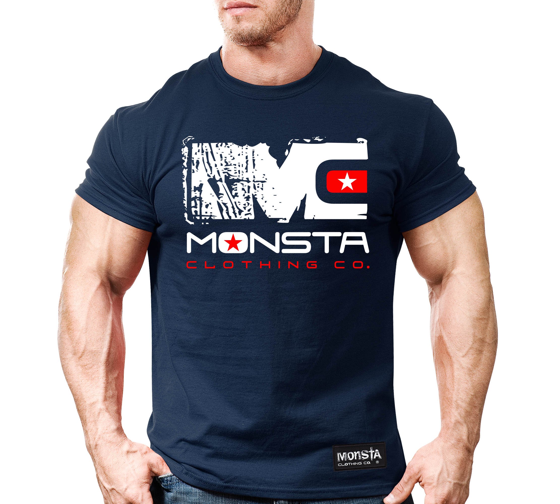 Monsta Clothing Co. Men's Bodybuilding Workout (MC-Icon) Gym T-Shirt (G:NY-A:RD)