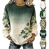 Womens St Patricks Day Sweatshirt Long Sleeve Irish Sweater Women Knitted Shamrock Sweaters Crew Neck Graphic Pullover