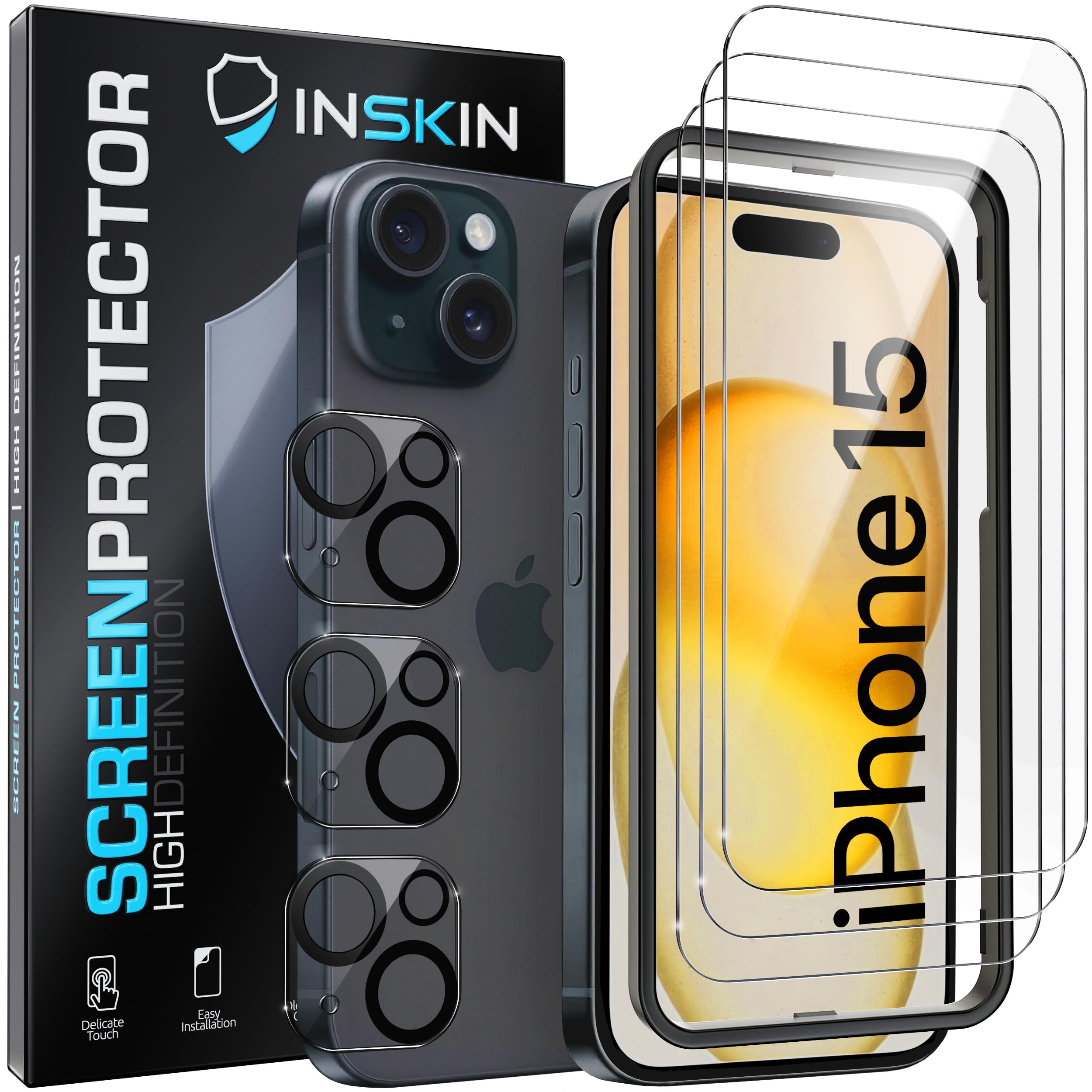 Inskin Tempered Glass Screen Protector for iPhone 15 6.1 inch [2023] - Ultimate 3+3 Bundle with Camera Lens Guard and Auto Alignment Tray - Ultra HD, Case Compatible