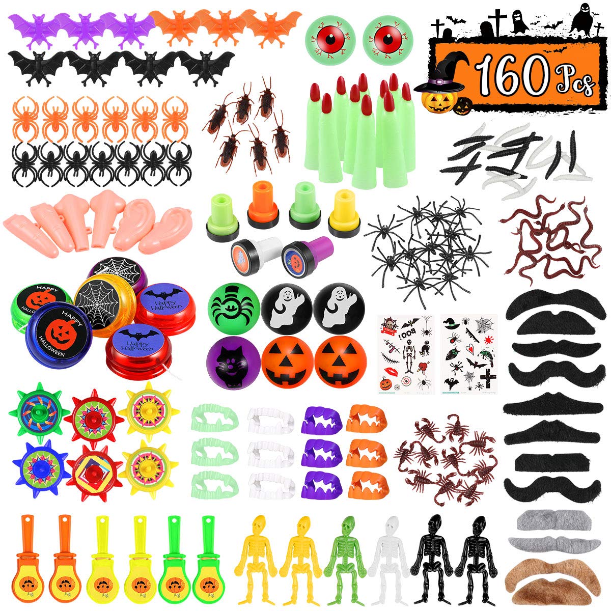 TOYMYTOY 160pcs Halloween Novelties Toys,20 Patterns Halloween Goodies Party Favors Treat Prizes Trick or Treat Classroom Goody Bags