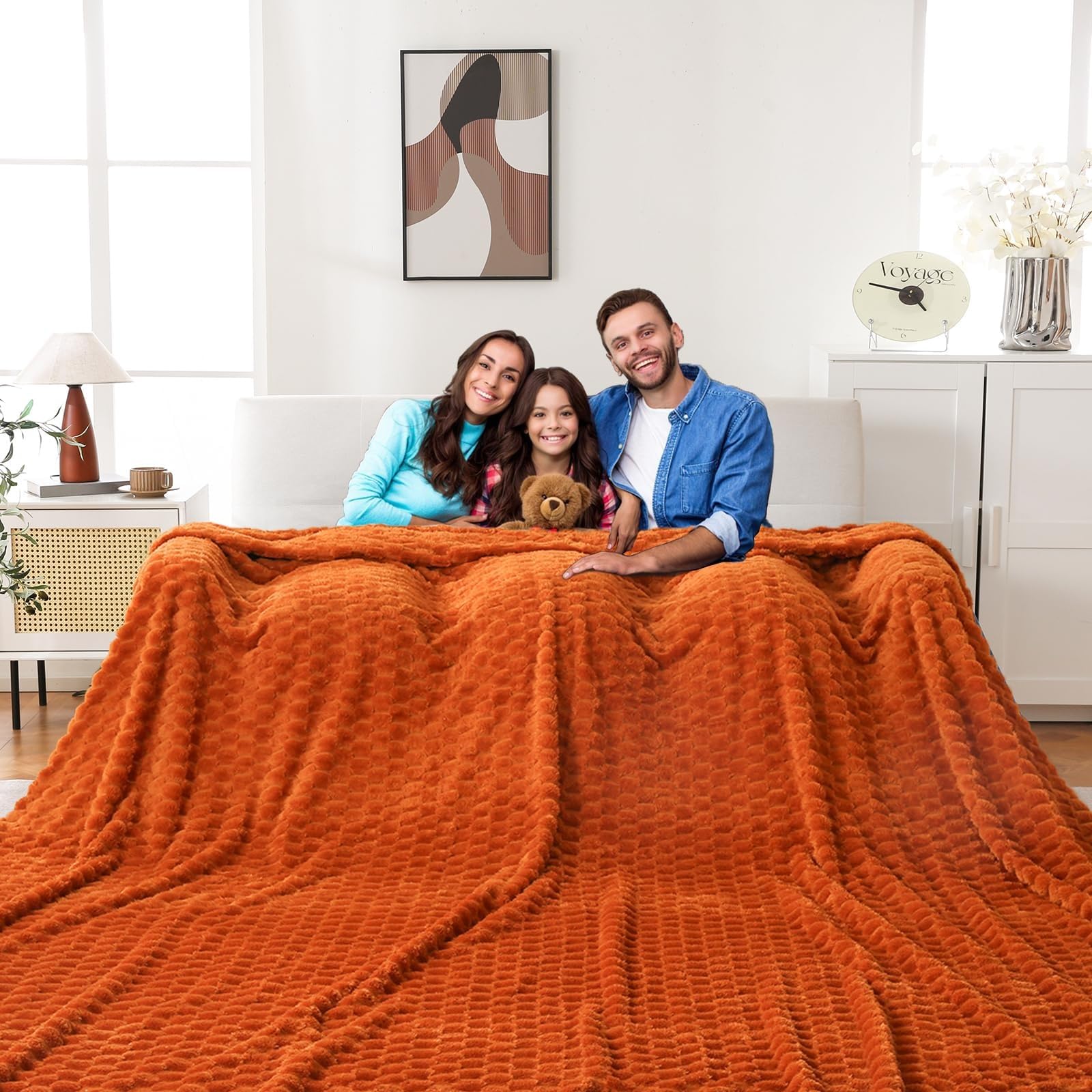 Bnuitland Oversized King 3D Jacquard Flannel Blanket 120x120 Inches, 300GSM Soft Fuzzy Leightweight for Bed,Sofa,Couch, Extra Large Fleece 10x10 Huge Blanket for Whole Family, Burnt Orange