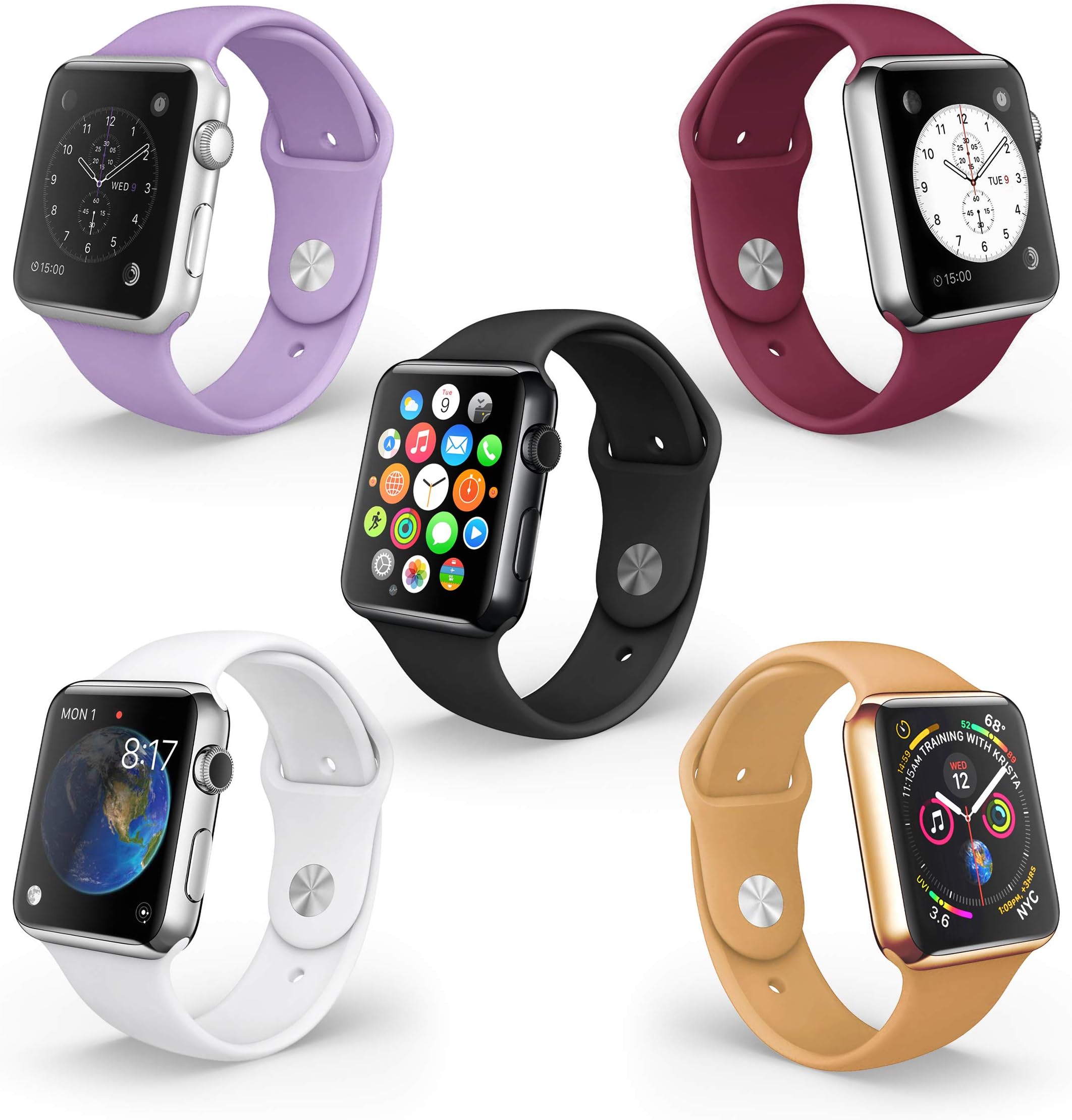 La Zuzzi Bands Compatible with Apple Watch - Silicone Strap for Series 5/4/3/2/1 - Accessories Pack Includes 5 Color Sports Wristbands (Black, White, Lilac, Walnut, Wine Red, 42mm-44mm, M | L)