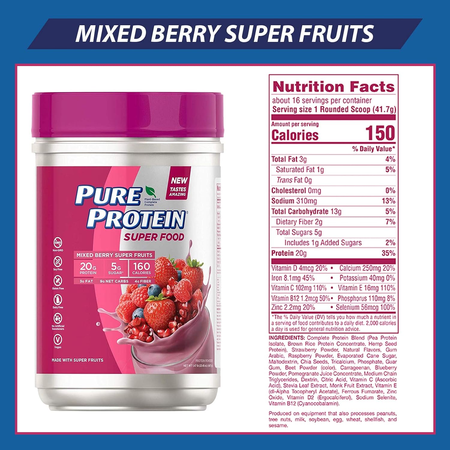 Pure Protein Vegan Plant Based Hemp and Pea Protein Powder, Gluten Free, Mixed Berry Super Fruits, With Vitamin D, Vitamin C, and Zinc to Support Immune Health, 1.47 lbs: Health & Personal Care