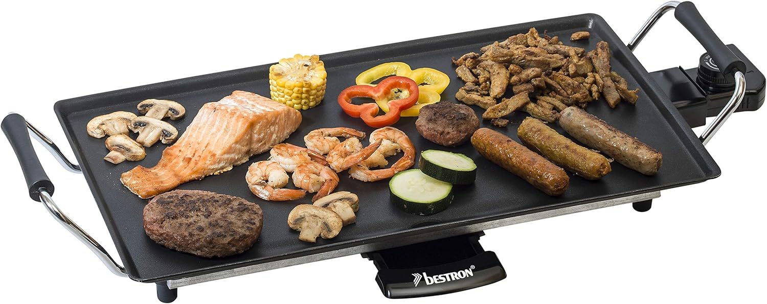 Bestron Elektrische Plancha-/Teppanyaki-Grillplatte mit Antihaftbeschichtung, 2000 W, Schwarz